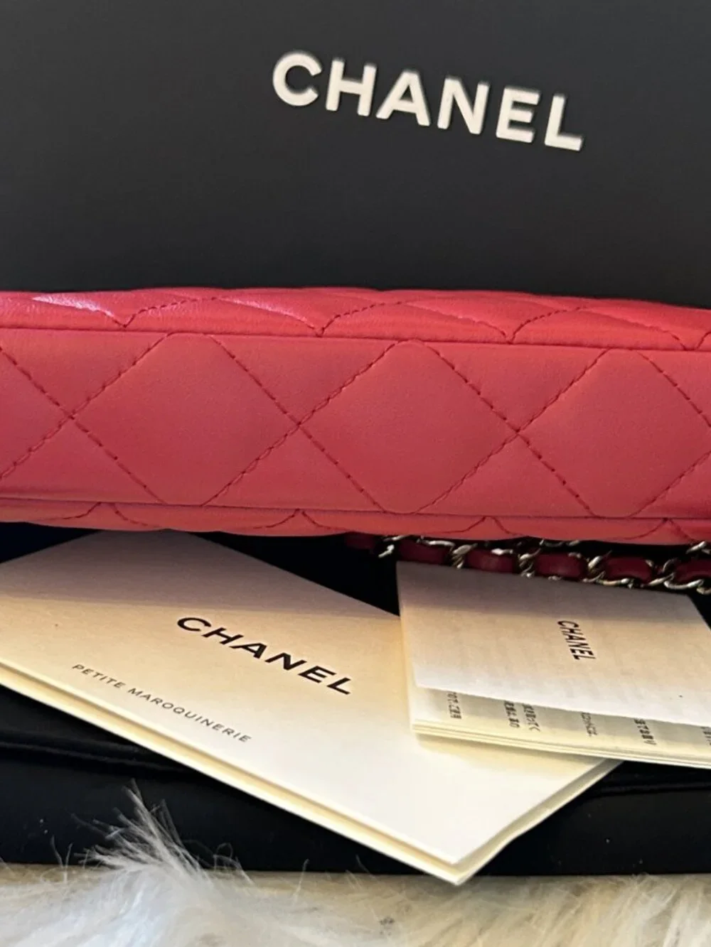 CHANEL Double Zip Bag in Pink Lambskin & Gold Hardware w box, dust bag, card